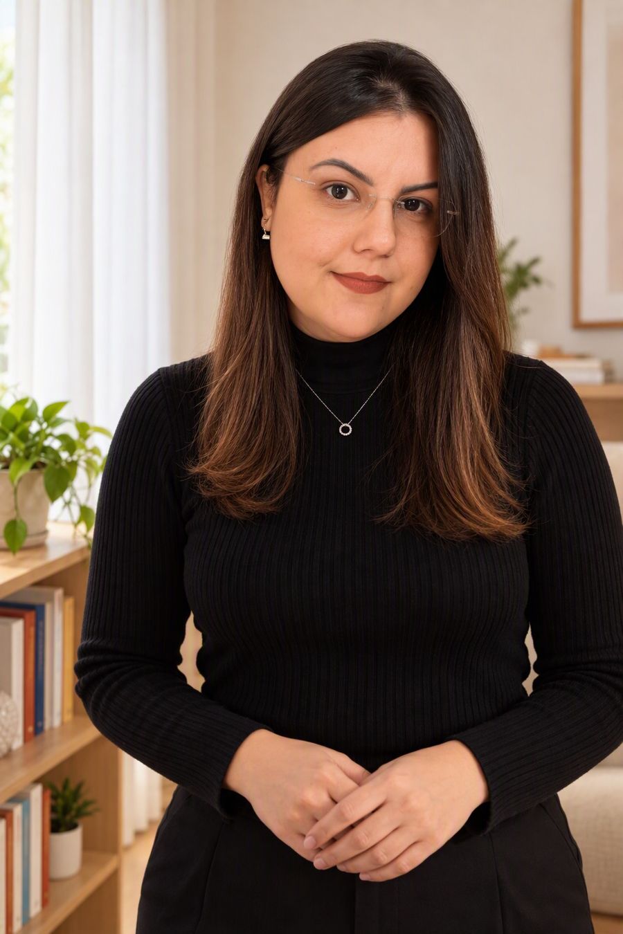 Nathalia Albuquerque de pé no consultório