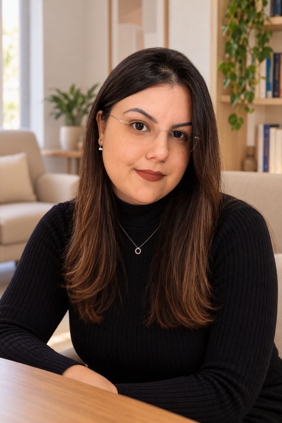 Nathalia Albuquerque sentada à mesa do consultório